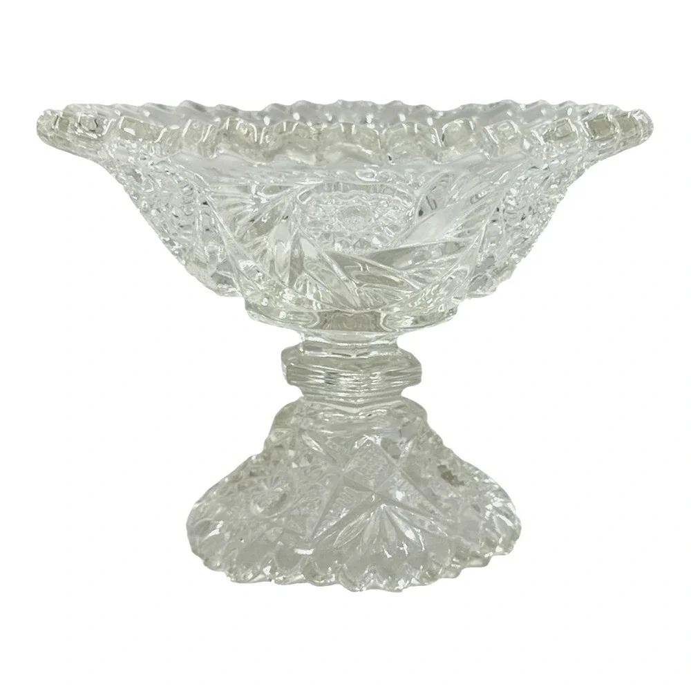 Vintage Clear Pressed Glass Pedestal Compote Bowl Candy Dish Starburst 6in